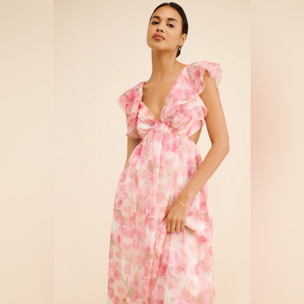 Rachel Parcell Pink Chiffon Ruffle Midi Dress Size 10 Floral - Picture 4 of 8